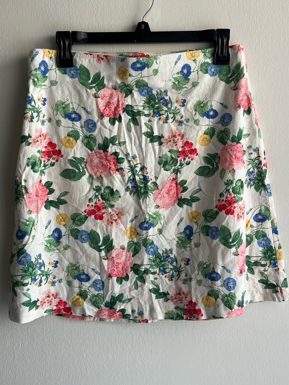 Old Navy White Linen Floral A-Line Skirt with Pink, Blue & Yellow Blooms Medium